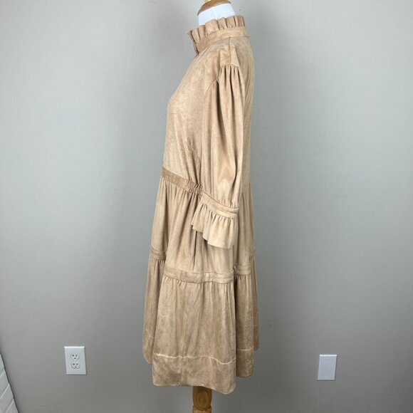 Gretchen Scott Dress Womens Large Beige Teardrop Ultra Suede Tiered Ruffle 3/4 - Picture 9 of 12